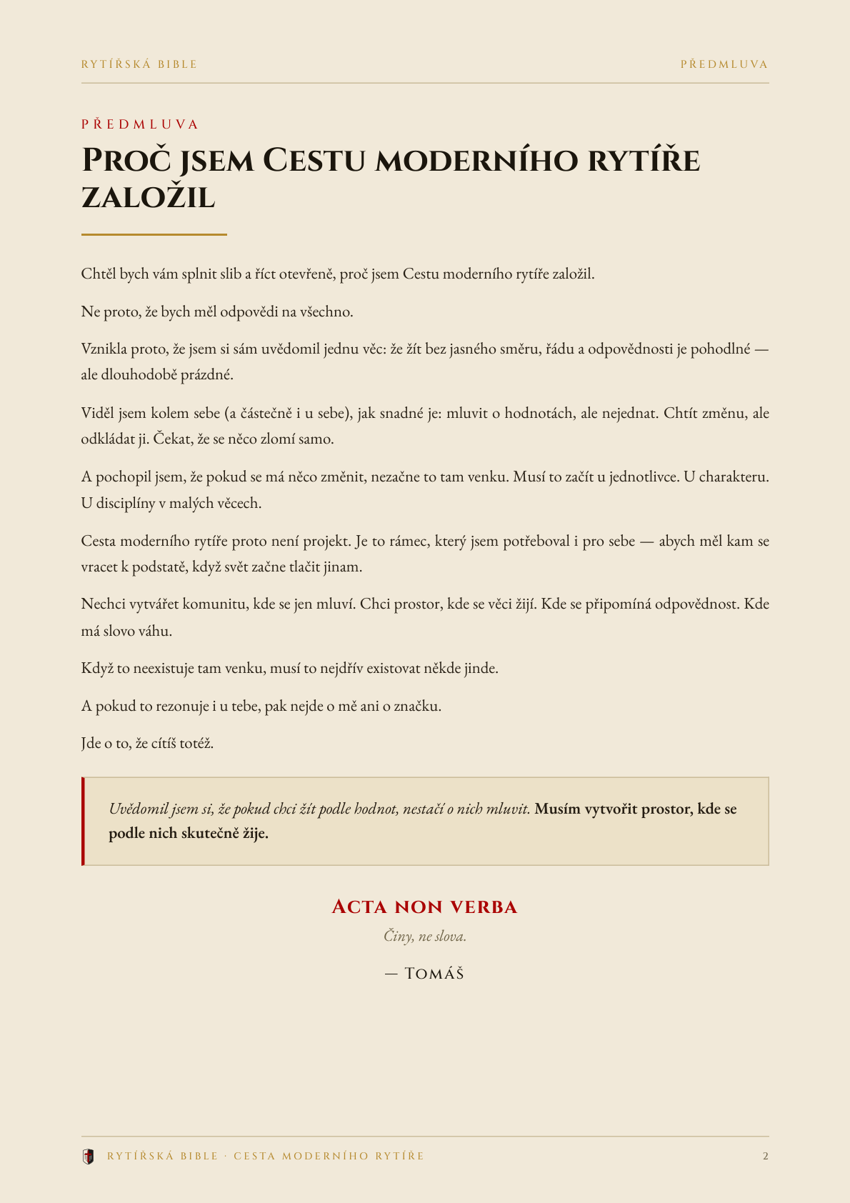 Ukázka předmluvy Rytířské bible od zakladatele CMR
